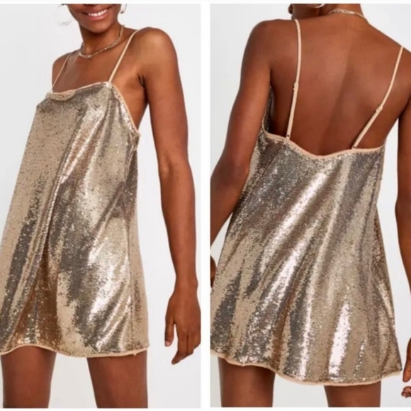 NWT FREE PEOPLE Gold Shimmer Sequins Mini Dress - Picture 4 of 11